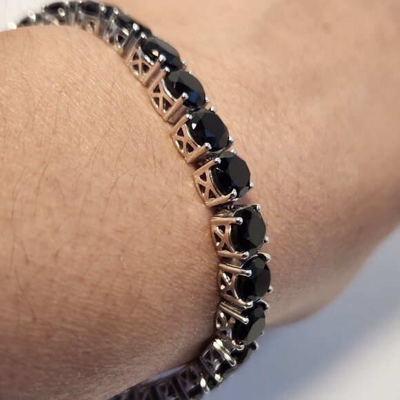 Retro 13.00ctw 925 Solid Silver Natural Black Spinel Tennis Bracelet 8" 20.10g - Picture 1 of 16